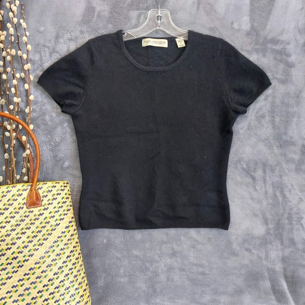 90s Vintage Valerie Stevens 2-ply 100% Cashmere Short-Sleeve Top, Black Sz PS